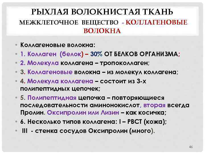 РЫХЛАЯ ВОЛОКНИСТАЯ ТКАНЬ МЕЖКЛЕТОЧНОЕ ВЕЩЕСТВО - КОЛЛАГЕНОВЫЕ ВОЛОКНА Коллагеновые волокна: 1. Коллаген (белок) –