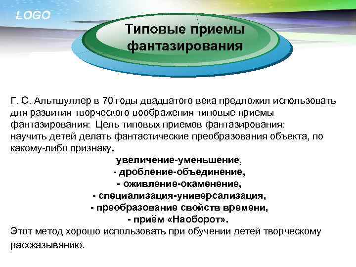 LOGO Типовые приемы фантазирования эффективность Г. С. Альтшуллер в 70 годы двадцатого века предложил