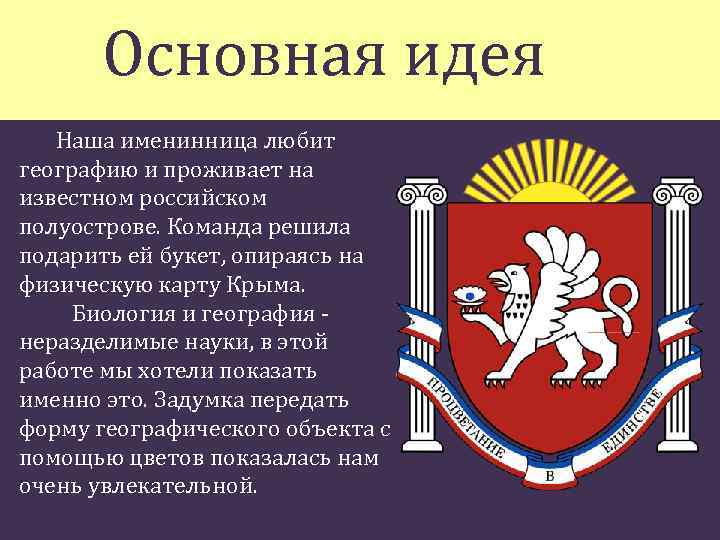 Основная идея Наша именинница любит географию и проживает на известном российском полуострове. Команда решила