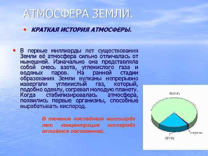 АТМОСФЕРА ЗЕМЛИ. • КРАТКАЯ ИСТОРИЯ АТМОСФЕРЫ. • В первые миллиарды лет существования Земли её