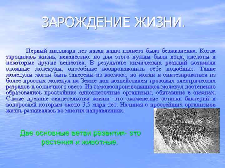 ЗАРОЖДЕНИЕ ЖИЗНИ. Первый миллиард лет назад наша планета была безжизненна. Когда зародилась жизнь, неизвестно,