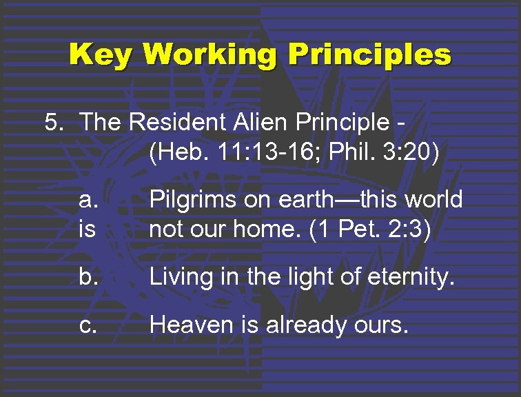 Key Working Principles 5. The Resident Alien Principle (Heb. 11: 13 -16; Phil. 3: