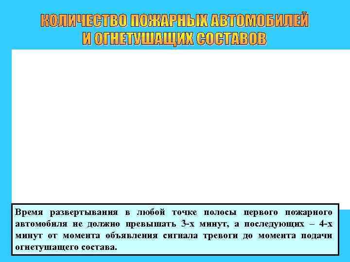 Время развертывания в любой точке полосы первого пожарного автомобиля не должно превышать 3 -х