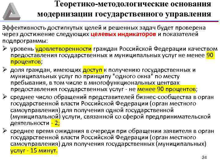 Теоретико-методологические основания модернизации государственного управления Эффективность достигнутых целей и решенных задач будет проверена через