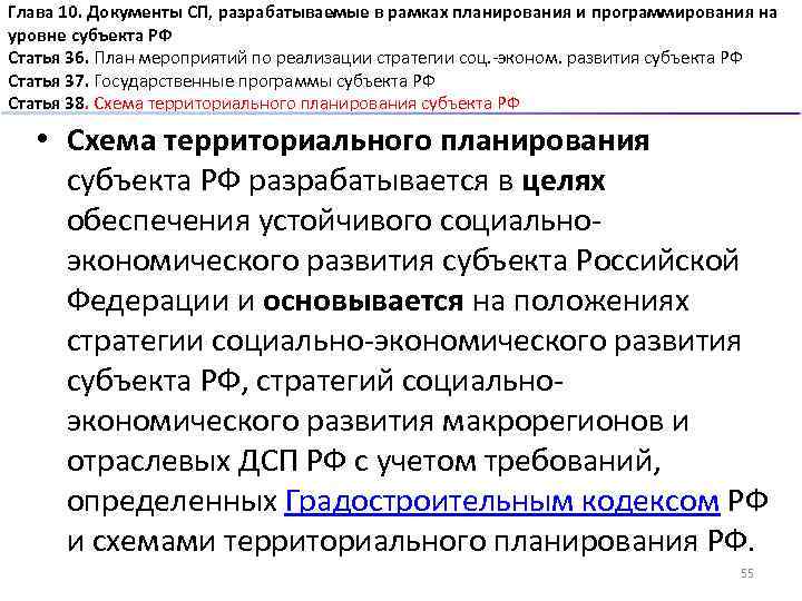 Глава 10. Документы СП, разрабатываемые в рамках планирования и программирования на уровне субъекта РФ