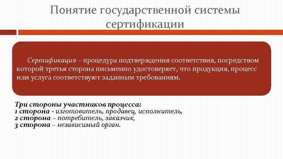 Понятие государственной системы сертификации Сертификация – процедура подтверждения соответствия, посредством которой третья сторона письменно