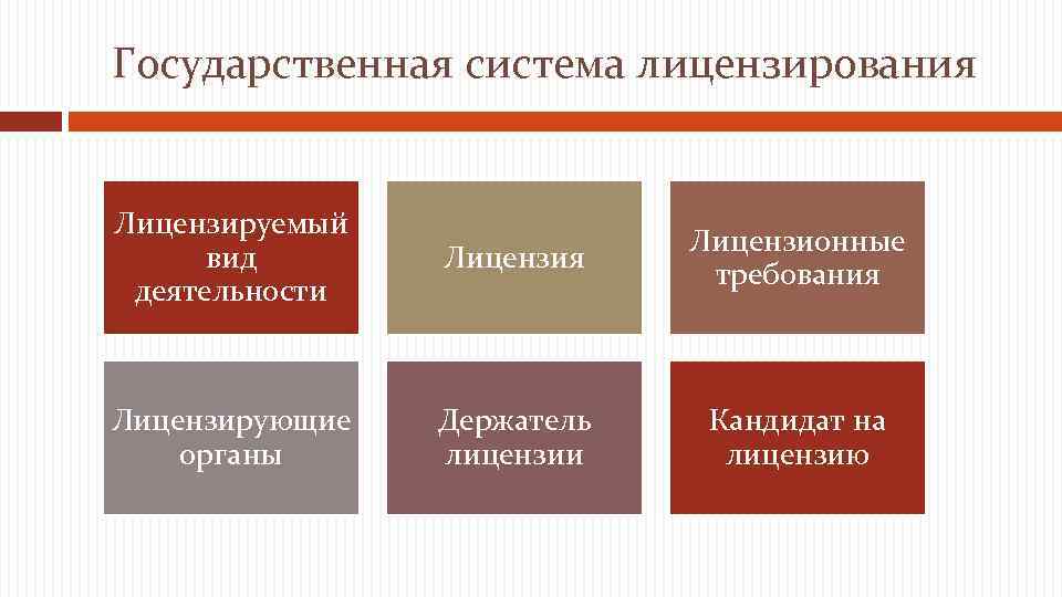 Государственная система лицензирования Лицензируемый вид деятельности Лицензия Лицензионные требования Лицензирующие органы Держатель лицензии Кандидат