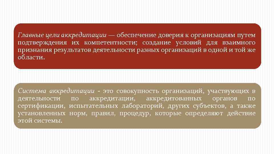 Главные цели аккредитации — обеспечение доверия к организациям путем подтверждения их компетентности; создание условий