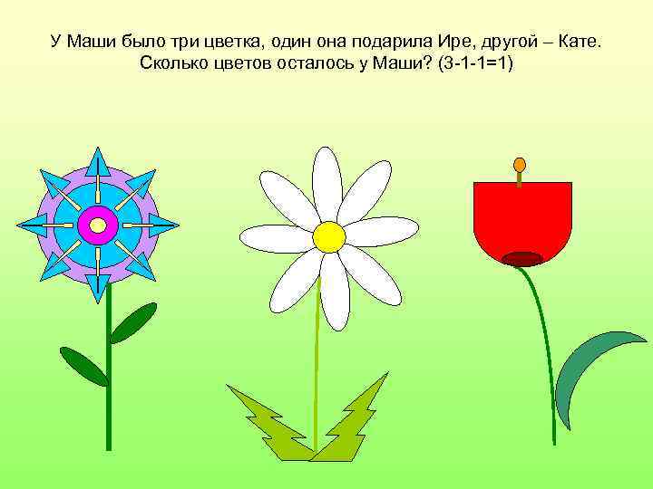 У Маши было три цветка, один она подарила Ире, другой – Кате. Сколько цветов