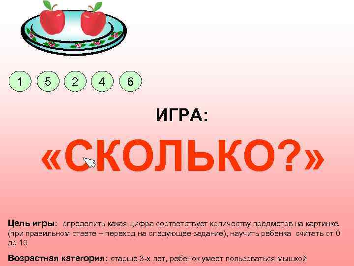 1 5 2 4 6 ИГРА: «СКОЛЬКО? » Цель игры: определить какая цифра соответствует