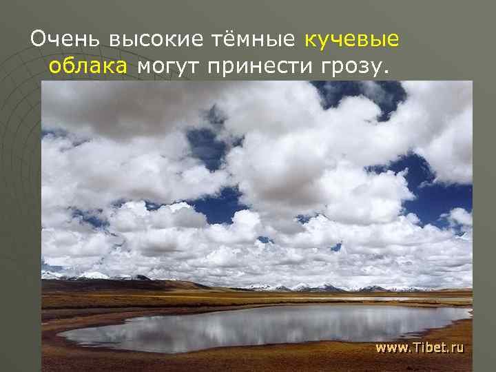 Очень высокие тёмные кучевые облака могут принести грозу. 