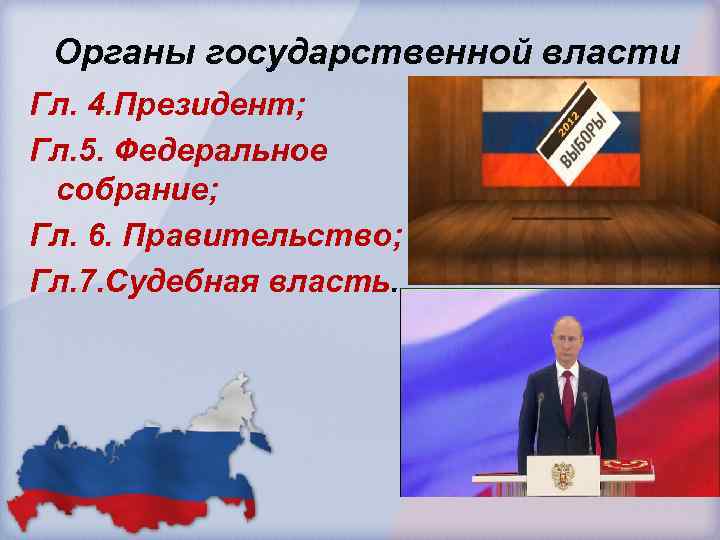 Органы государственной власти Гл. 4. Президент; Гл. 5. Федеральное собрание; Гл. 6. Правительство; Гл.