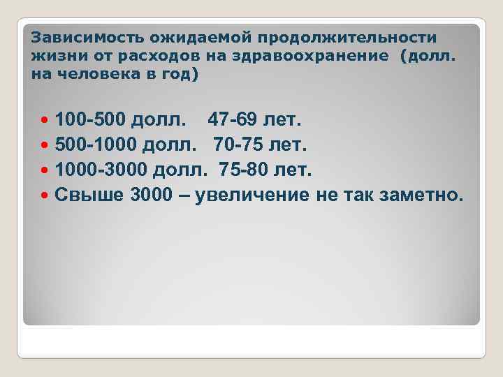 Зависимость ожидаемой продолжительности жизни от расходов на здравоохранение (долл. на человека в год) 100