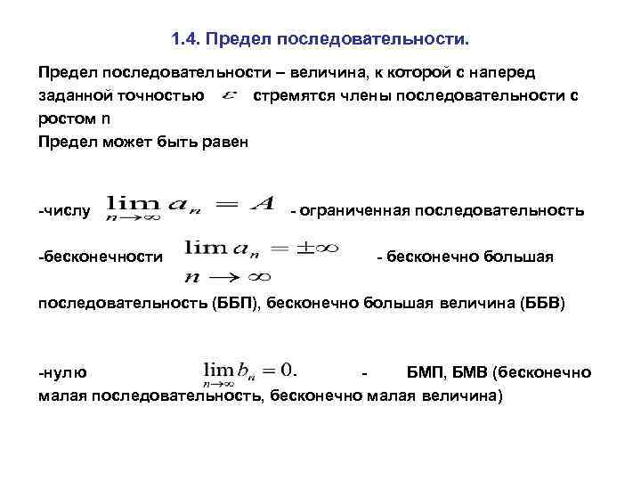 1. 4. Предел последовательности – величина, к которой с наперед заданной точностью стремятся члены