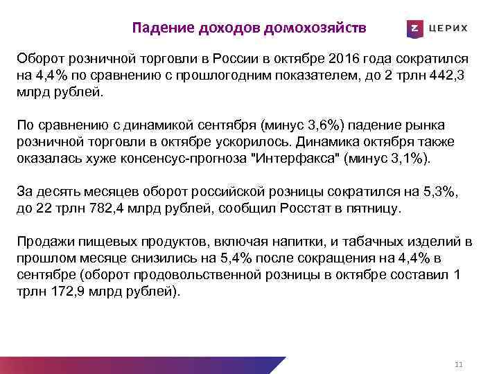 Падение доходов домохозяйств Оборот розничной торговли в России в октябре 2016 года сократился на