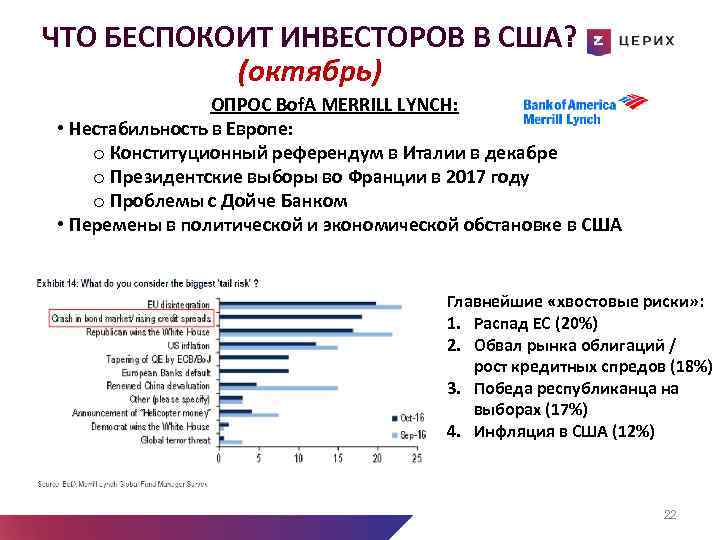 ЧТО БЕСПОКОИТ ИНВЕСТОРОВ В США? (октябрь) ОПРОС Bof. A MERRILL LYNCH: • Нестабильность в