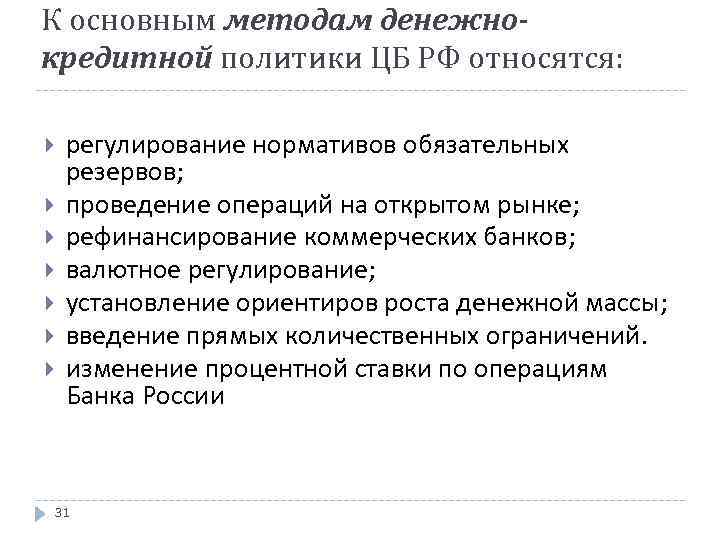 К основным методам денежнокредитной политики ЦБ РФ относятся: регулирование нормативов обязательных резервов; проведение операций