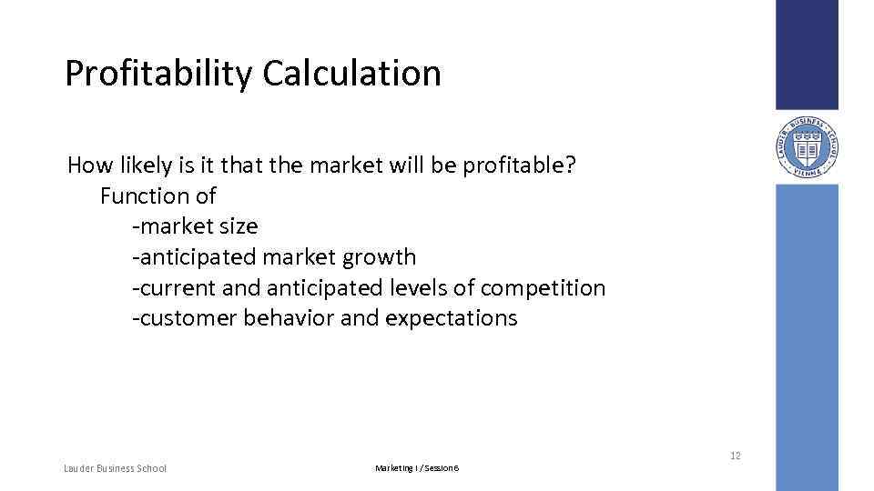 Profitability Calculation How likely is it that the market will be profitable? Function of