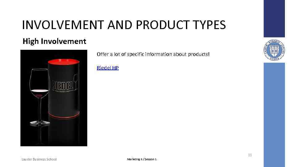 INVOLVEMENT AND PRODUCT TYPES High Involvement Offer a lot of specific information about products!