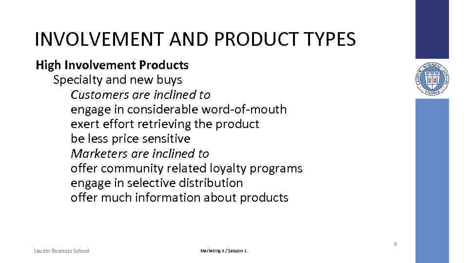 INVOLVEMENT AND PRODUCT TYPES High Involvement Products Specialty and new buys Customers are inclined