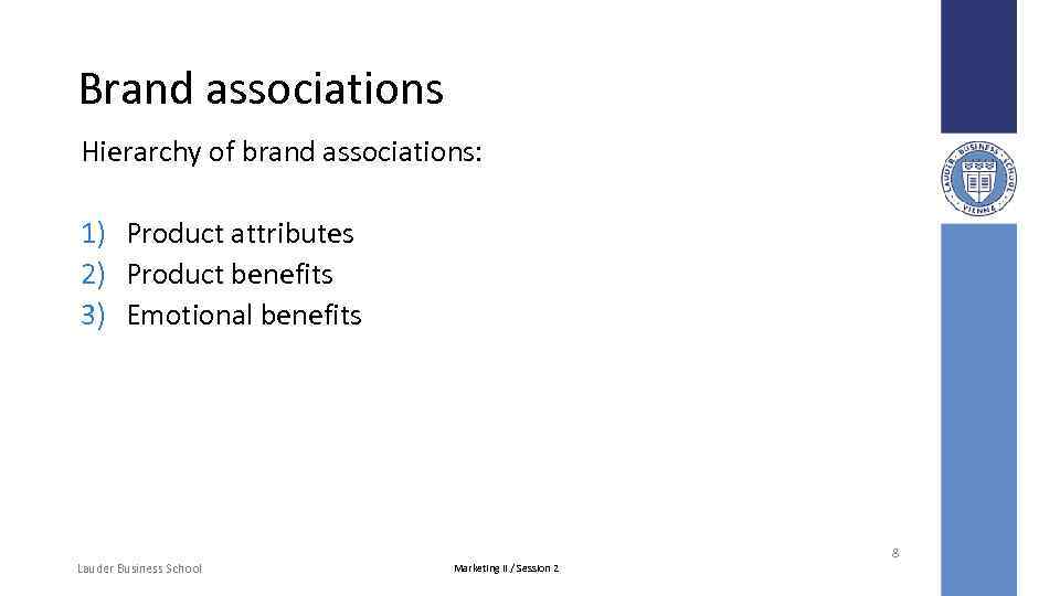 Brand associations Hierarchy of brand associations: 1) Product attributes 2) Product benefits 3) Emotional