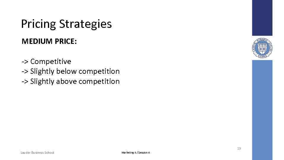 Pricing Strategies MEDIUM PRICE: -> Competitive -> Slightly below competition -> Slightly above competition
