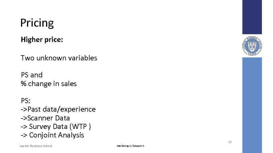 Pricing Higher price: Two unknown variables PS and % change in sales PS: ->Past