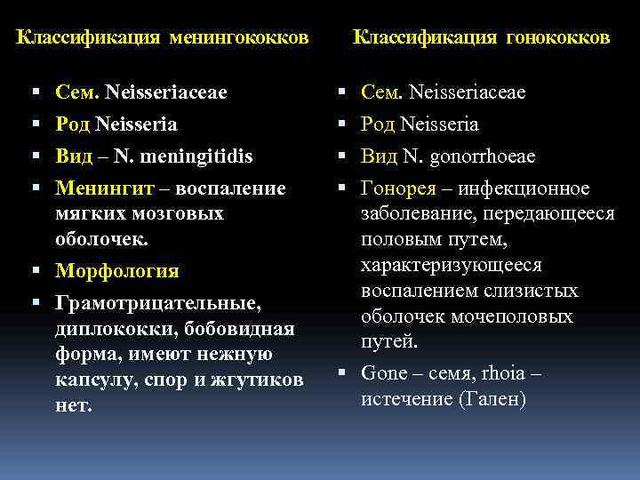 Классификация менингококков Классификация гонококков Сем. Neisseriaceae Род Neisseria Вид – N. meningitidis Вид N.