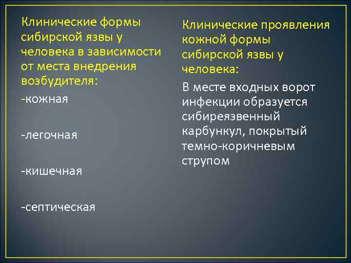 Клинические формы сибирской язвы у человека в зависимости от места внедрения возбудителя: кожная легочная