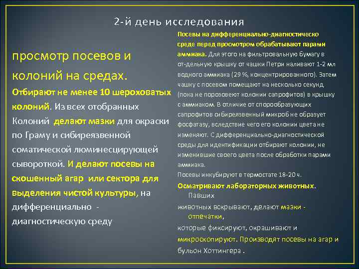 2 й день исследования просмотр посевов и колоний на средах. Отбирают не менее 10