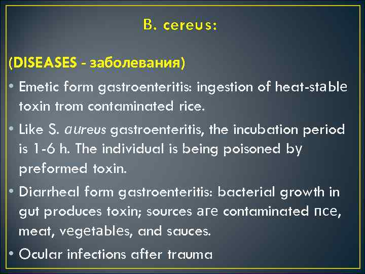 В. cereus: (DISEASES заболевания) • Emetic form gastroenteritis: ingestion of heat-stа. Ые toxin trom