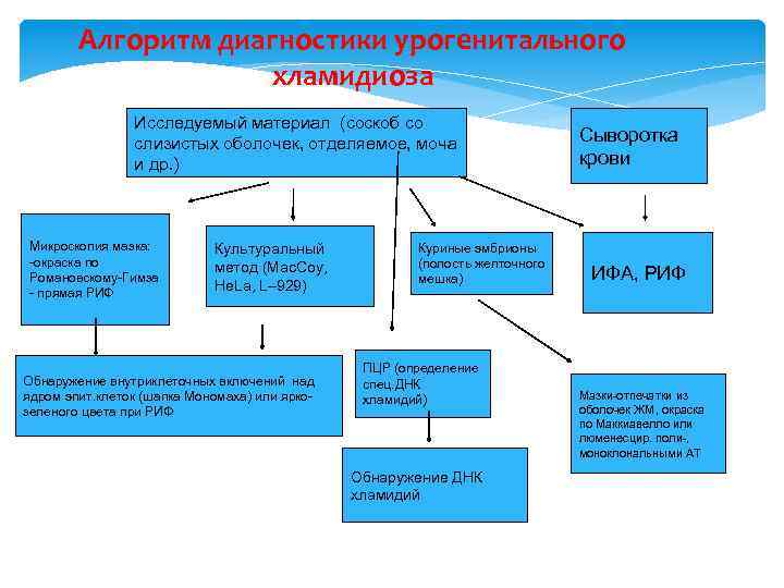 Алгоритм диагностики урогенитального хламидиоза Исследуемый материал (соскоб со слизистых оболочек, отделяемое, моча и др.