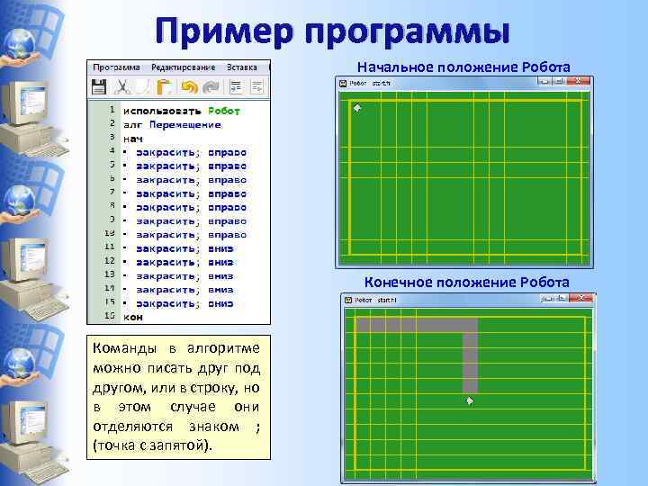 Пример программы Начальное положение Робота Конечное положение Робота Команды в алгоритме можно писать друг