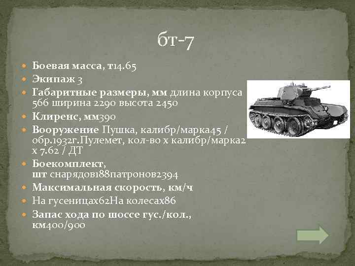  бт-7 Боевая масса, т14. 65 Экипаж 3 Габаритные размеры, мм длина корпуса 566