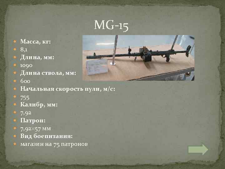  MG-15 Масса, кг: 8, 1 Длина, мм: 1090 Длина ствола, мм: 600 Начальная