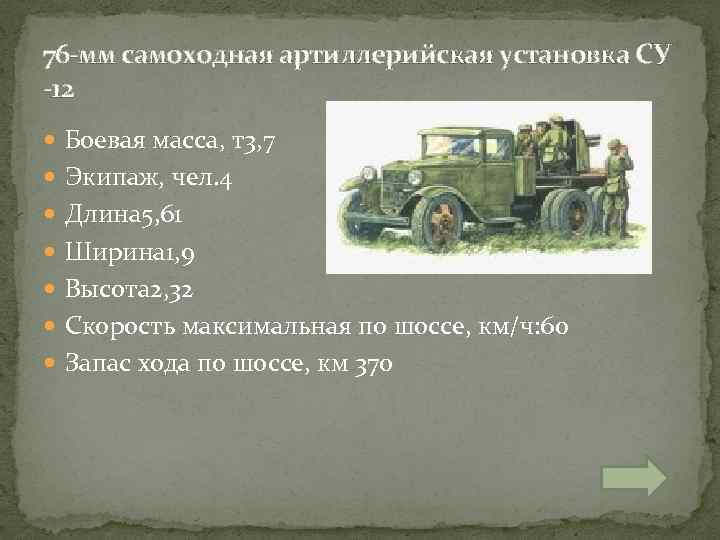 76 -мм самоходная артиллерийская установка СУ -12 Боевая масса, т3, 7 Экипаж, чел. 4