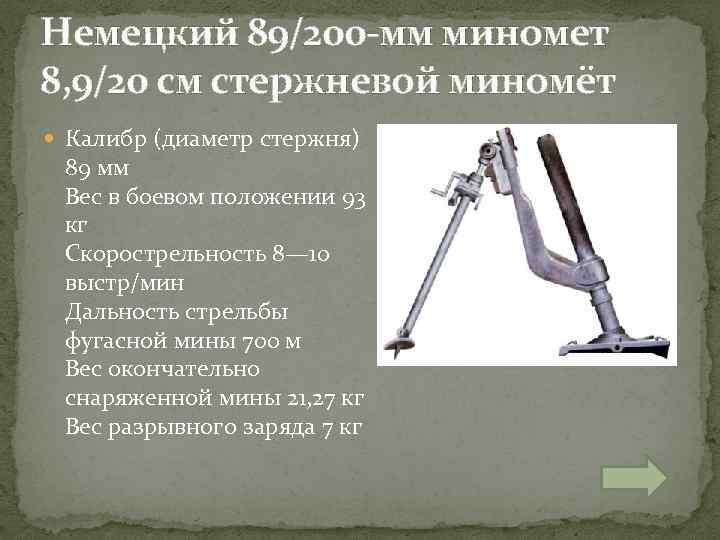 Немецкий 89/200 -мм миномет 8, 9/20 см стержневой миномёт Калибр (диаметр стержня) 89 мм