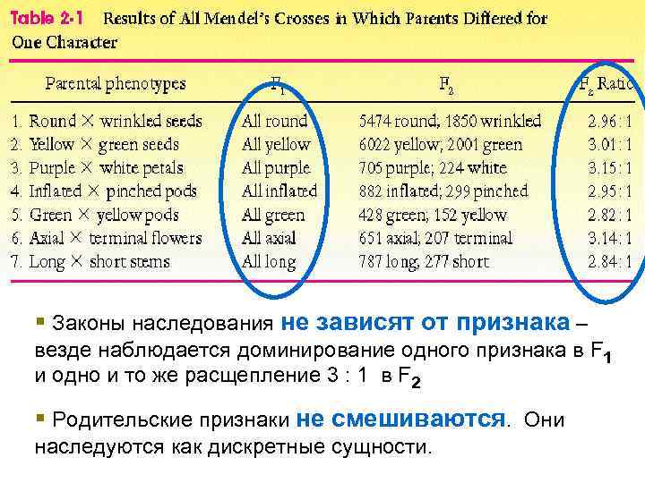 § Законы наследования не зависят от признака – везде наблюдается доминирование одного признака в