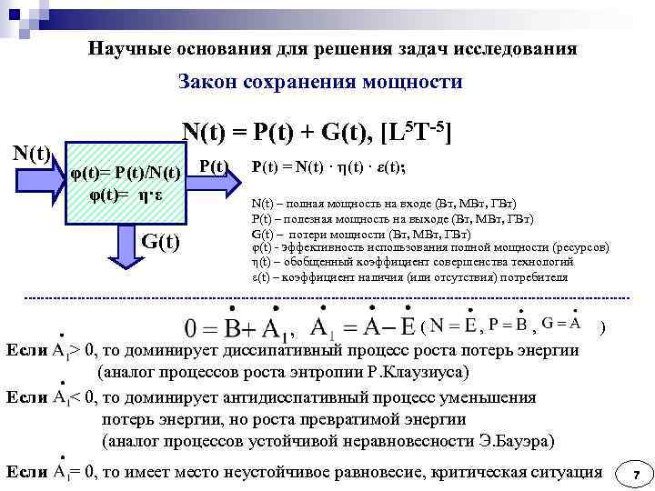 Научные основания для решения задач исследования Закон сохранения мощности N(t) = P(t) + G(t),