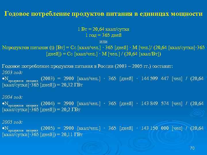 Годовое потребление продуктов питания в единицах мощности 1 Вт = 20, 64 ккал/сутки 1