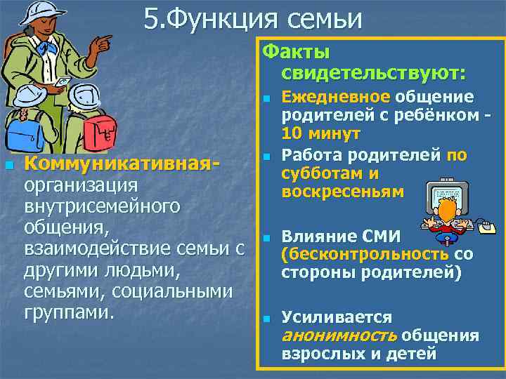 5. Функция семьи Факты свидетельствуют: n n Коммуникативнаяорганизация внутрисемейного общения, взаимодействие семьи с другими