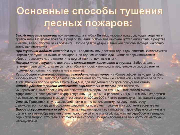 Основные способы тушения лесных пожаров: Захлёстывание пламени применяется для слабых беглых, низовых пожаров, когда