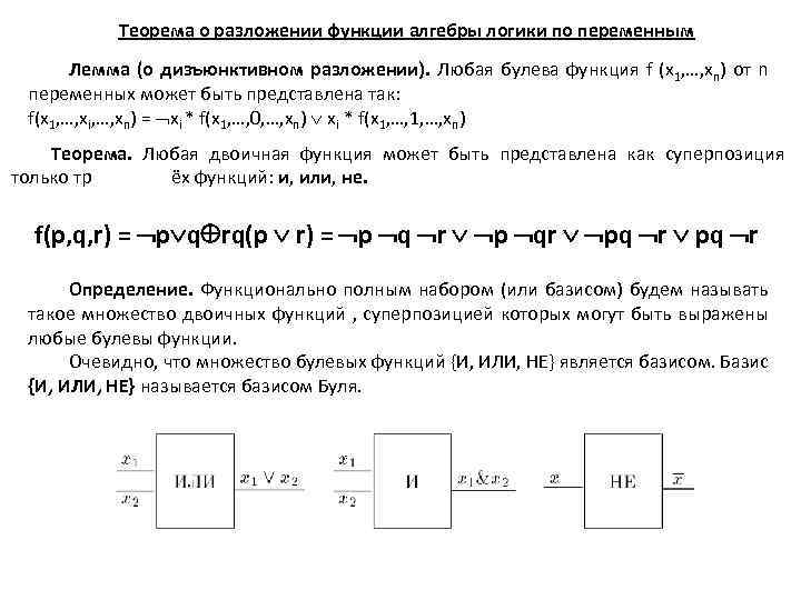 Теорема о разложении функции алгебры логики по переменным Лемма (о дизъюнктивном разложении). Любая булева