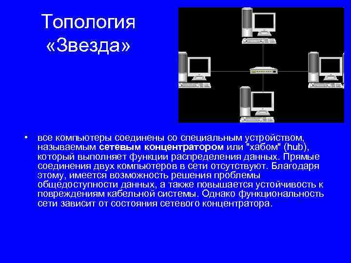 Топология «Звезда» • все компьютеры соединены со специальным устройством, называемым сетевым концентратором или 