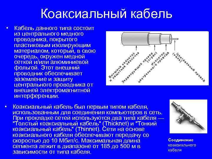 Коаксиальный кабель • Кабель данного типа состоит из центрального медного проводника, покрытого пластиковым изолирующим