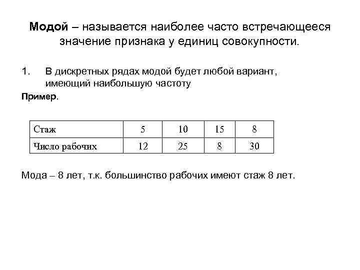 Вариант ед. Наиболее часто встречающееся значение в выборке. Модой называется среднее значение. Наиболее часто встречающееся значение признака. Значения признака, повторяющиеся с наибольшей частотой, называется.