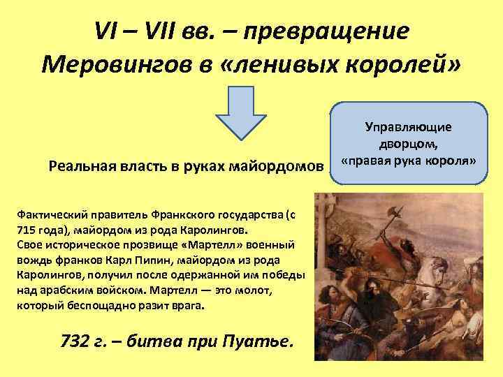 VI – VII вв. – превращение Меровингов в «ленивых королей» Реальная власть в руках