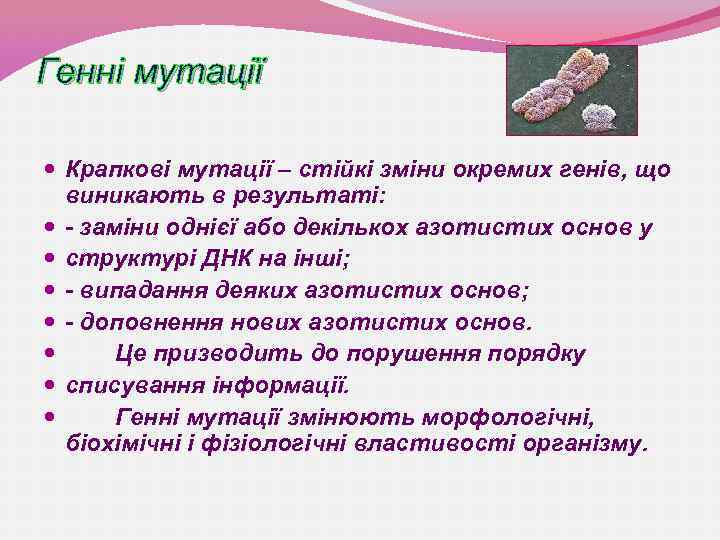 Генні мутації Крапкові мутації – стійкі зміни окремих генів, що виникають в результаті: -