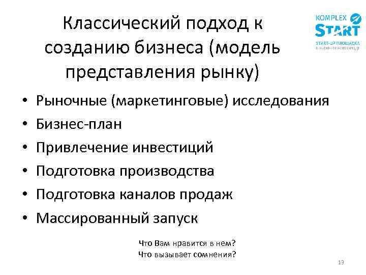 Классический подход к созданию бизнеса (модель представления рынку) • • • Рыночные (маркетинговые) исследования