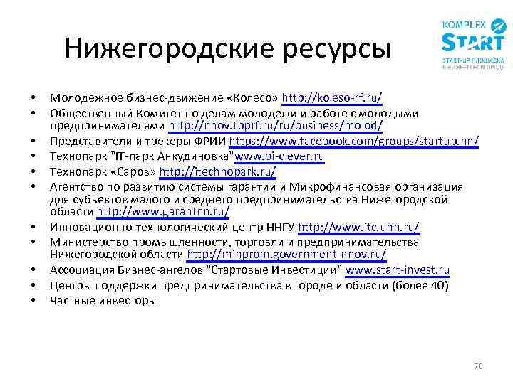 Нижегородские ресурсы • • • Молодежное бизнес-движение «Колесо» http: //koleso-rf. ru/ Общественный Комитет по